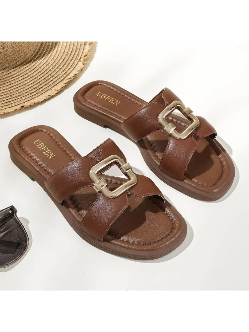 Women's Brown Square Toe Flat Sandals Slides Dressy Comfortable for Beach